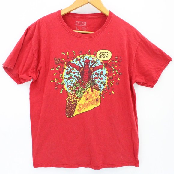 Marvel X Dead Pool Shirt Mens Red Short Sleeve "Taco Surprise" Graphic Logo Sz L - Picture 1 of 8